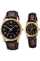 Casio MTP/LTP-V001GL-1BUDF Couple Watches – Black Dial with Gold Tone Case & Leather Strap