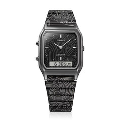 Casio AQ-230EBL-1ADR Vintage Analog-Digital Watch – Black Dial, Stainless Steel Bracelet, Dual Time Display