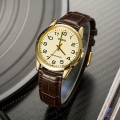 Casio MTP/LTP-V001GL-9BUDF Couple Watches – Gold Dial Leather Strap Matching Set