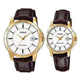 Casio Couple Watch Set MTP/LTP-V004GL-7A – Gold-Tone Case, White Dial, Leather Strap