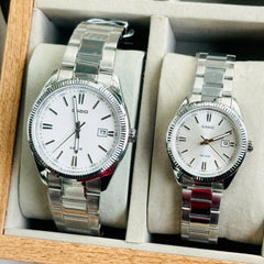 Casio MTP/LTP-1302D-7A1 Couple Watches – White Dial with Silver Stainless Steel Band