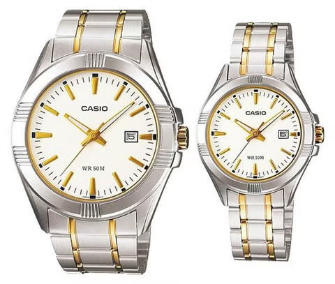Casio MTP/LTP-1308SG-7AB Couple Watches – White Dial with Gold Stainless Steel Band
