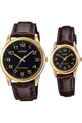 Casio MTP/LTP-V001GL-1BUDF Couple Watches – Black Dial with Gold Tone Case & Leather Strap