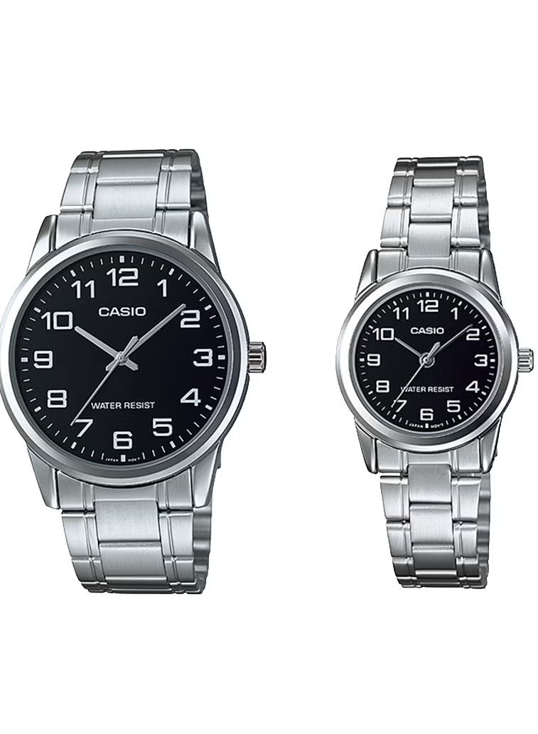 Casio MTP/LTP-V001D-1B Couple Watches – Black Dial with Silver Stainless Steel Band