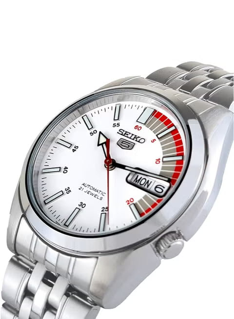 Seiko SNK369K1 Automatic Men’s Watch – White Dial, Day-Date, 21-Jewel Movement, Stainless Steel Bracelet