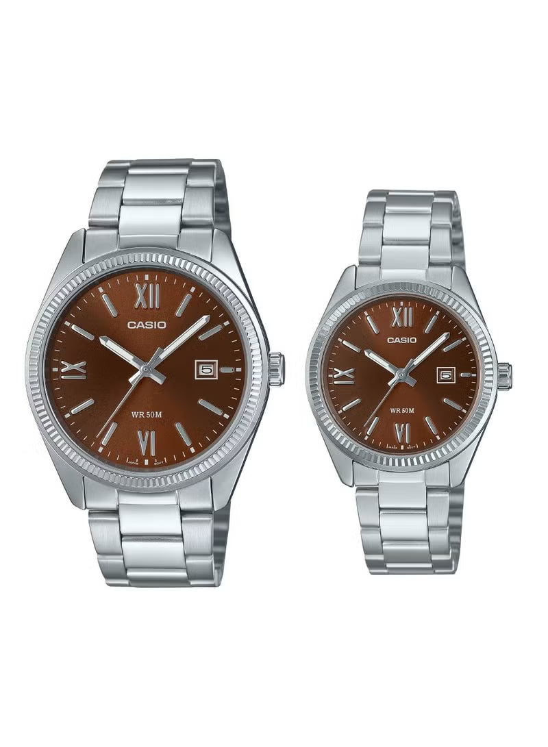 Casio Couple Watch Set MTP/LTP-1302D-5AVDF – Silver Stainless Steel, Champagne Dial