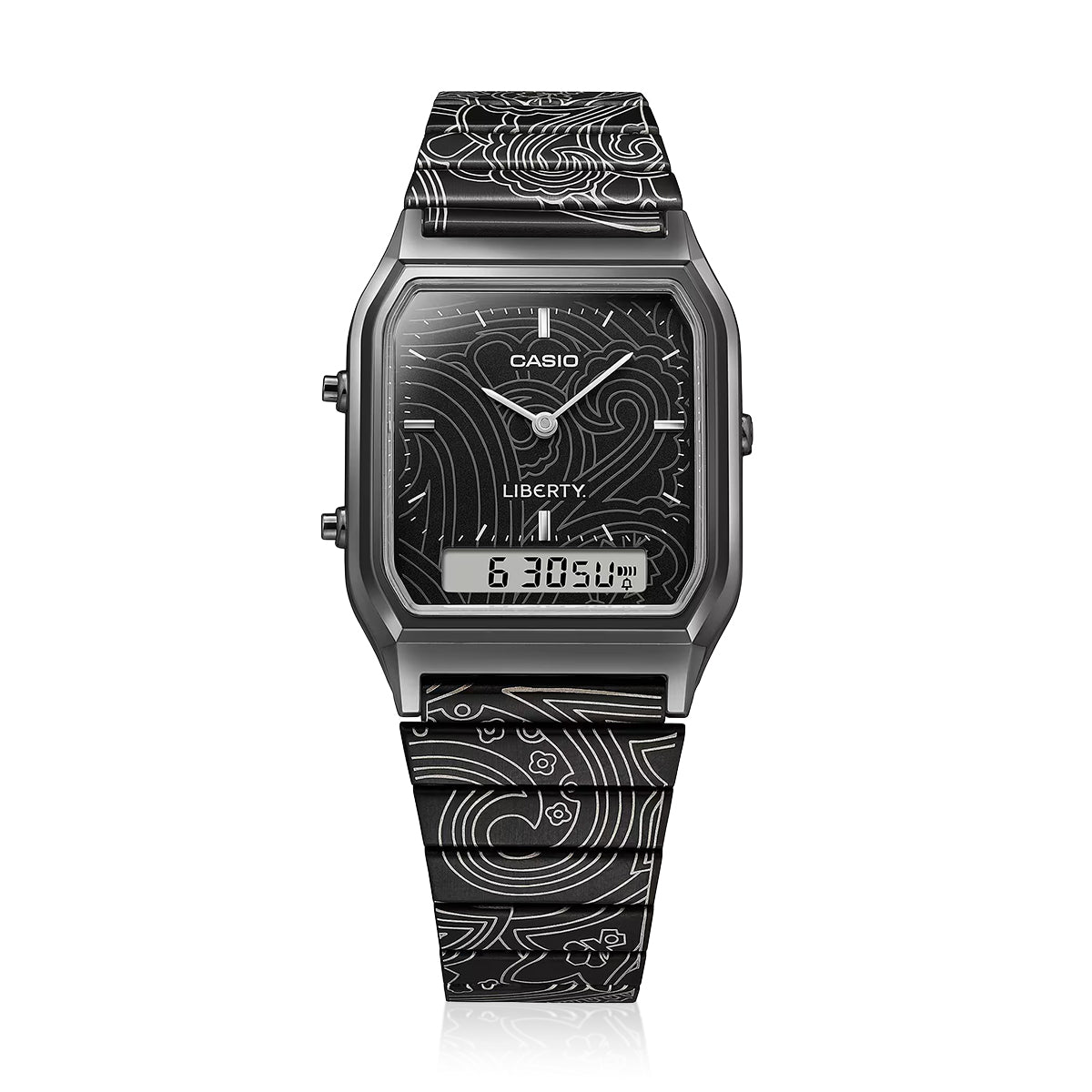 Casio AQ-230EBL-1ADR Vintage Analog-Digital Watch – Black Dial, Stainless Steel Bracelet, Dual Time Display