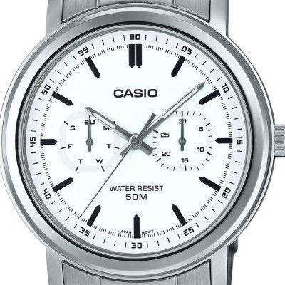 CASIO MTP-E335D-7E Men's Stainless Steel Watch with White Dial – Elegant, Durable, and Water-Resistant