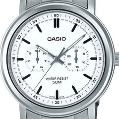 CASIO MTP-E335D-7E Men's Stainless Steel Watch with White Dial – Elegant, Durable, and Water-Resistant