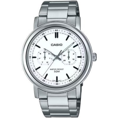 CASIO MTP-E335D-7E Men's Stainless Steel Watch with White Dial – Elegant, Durable, and Water-Resistant