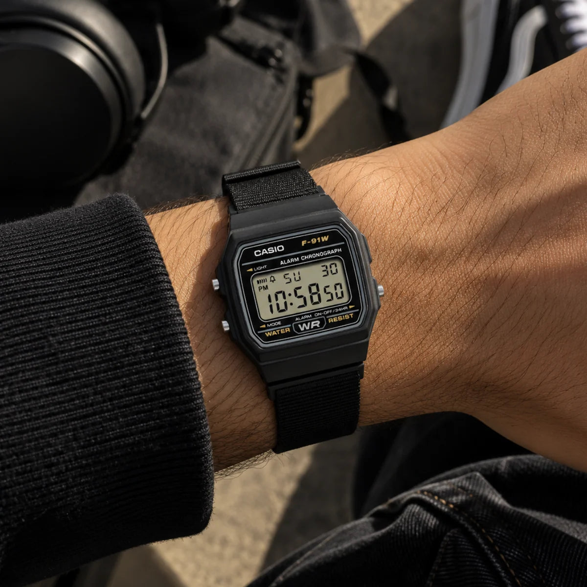 CASIO F-91WF-1A DIGITAL WATCH – BLACK DIAL, RECYCLED FABRIC STRAP