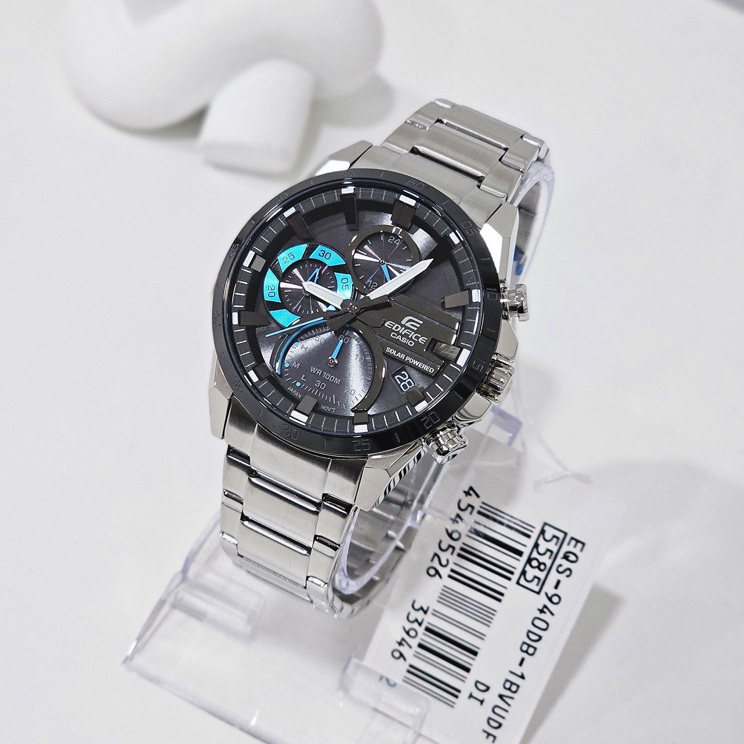 Casio EQS-940DB-1B Edifice Solar Chronograph Stainless Steel Men’s Watch – Black Dial, 100M Water Resistant