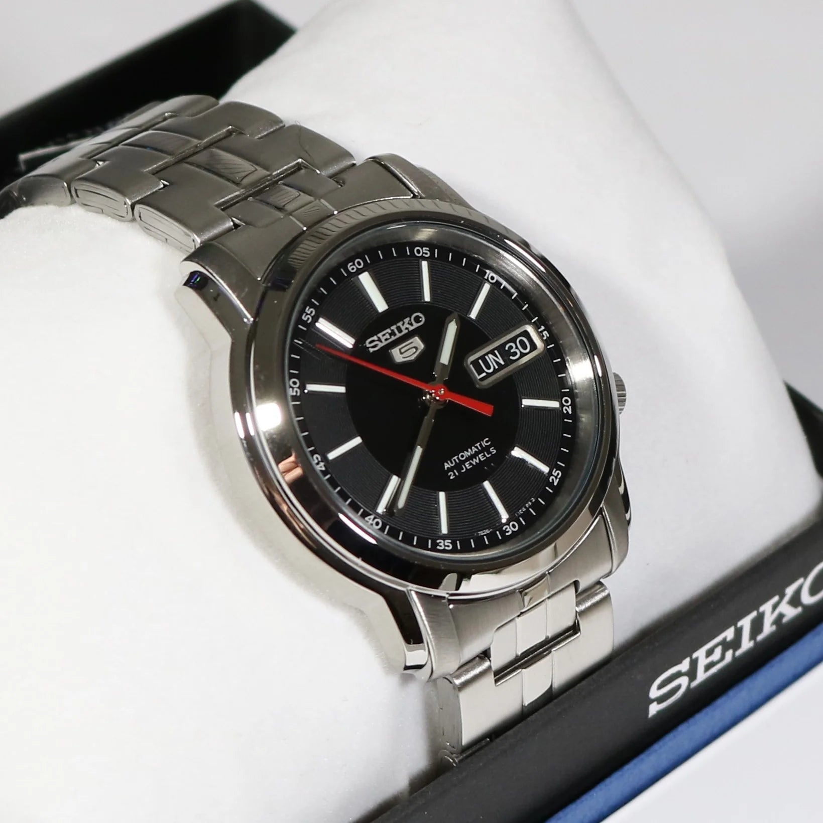 Seiko SNKL83K1 Automatic Men’s Watch – Stainless Steel, Black Dial, Day-Date Display