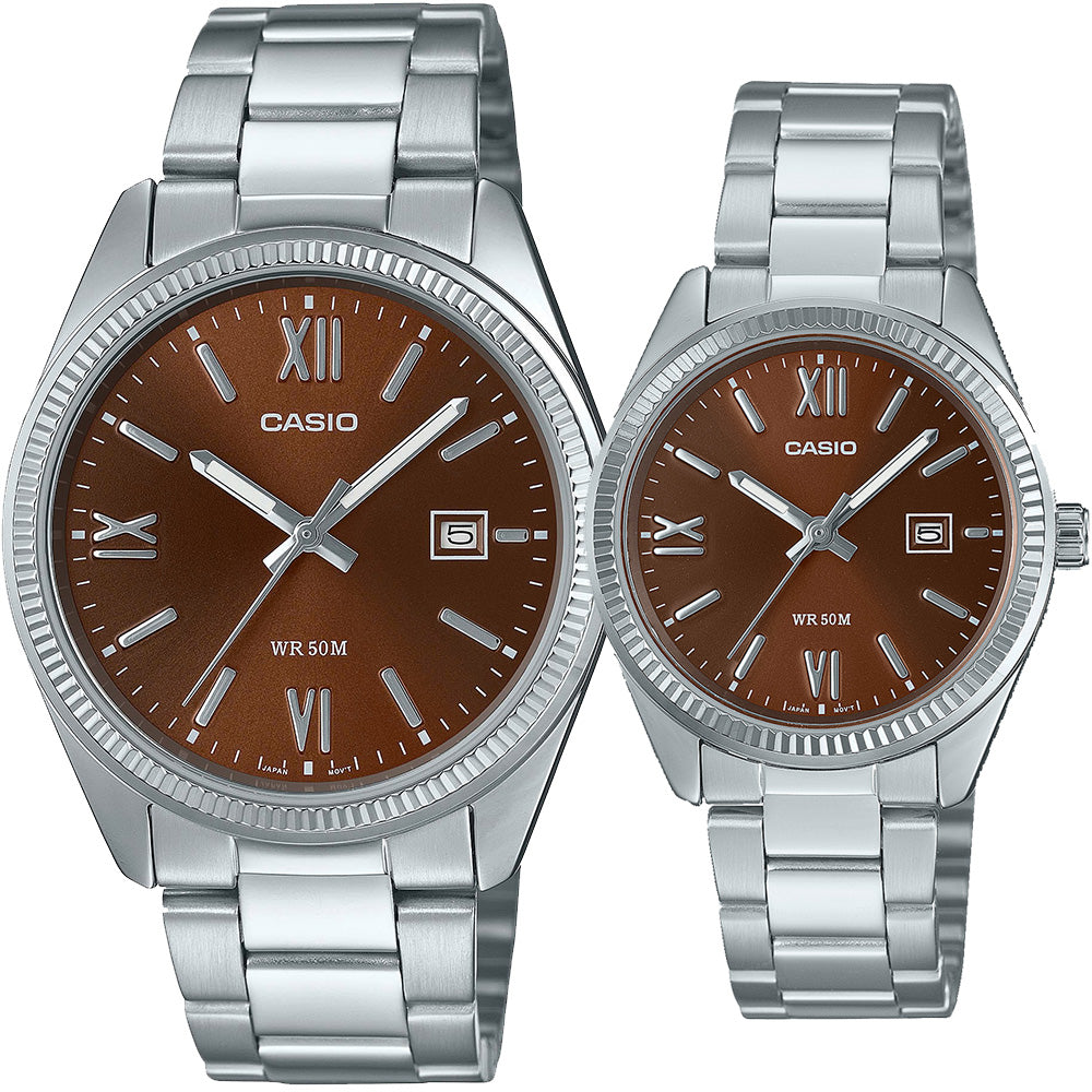 Casio MTP/LTP-1302DD-5AVDF Couple Watches – Brown Dial with Silver Stainless Steel Band
