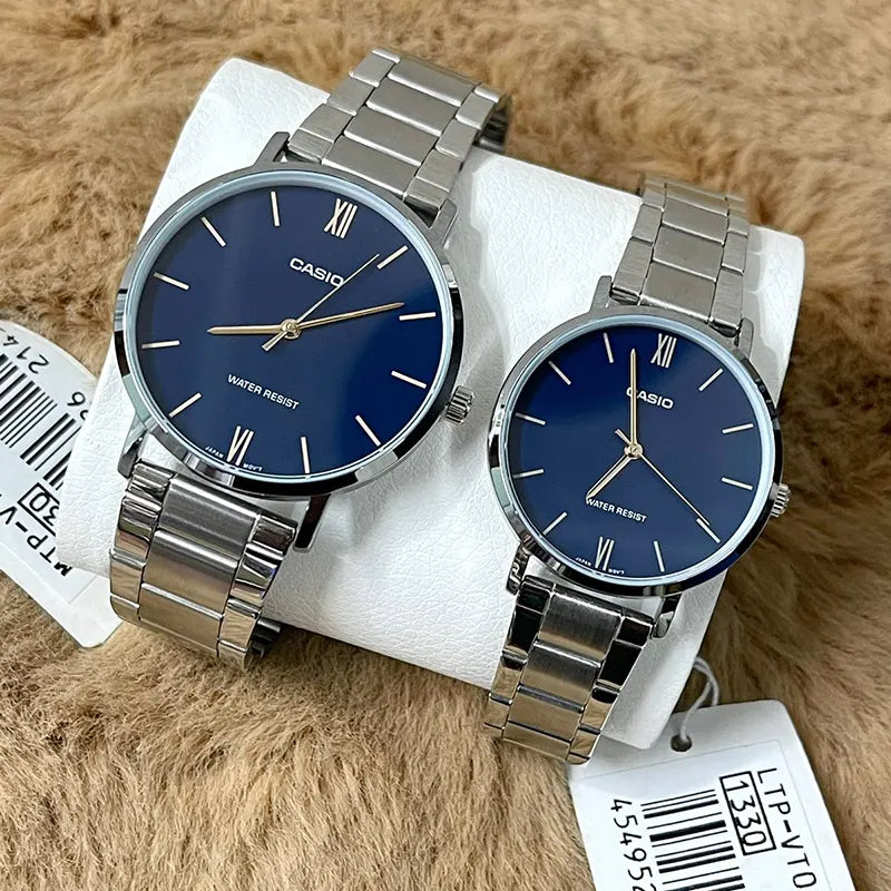 Casio Couple Watch Set MTP/LTP-VT01D-2BUDF – Silver Stainless Steel, Blue Dial