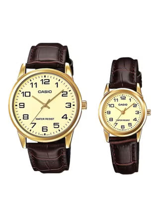 Casio MTP/LTP-V001GL-9BUDF Couple Watches – Gold Dial Leather Strap Matching Set