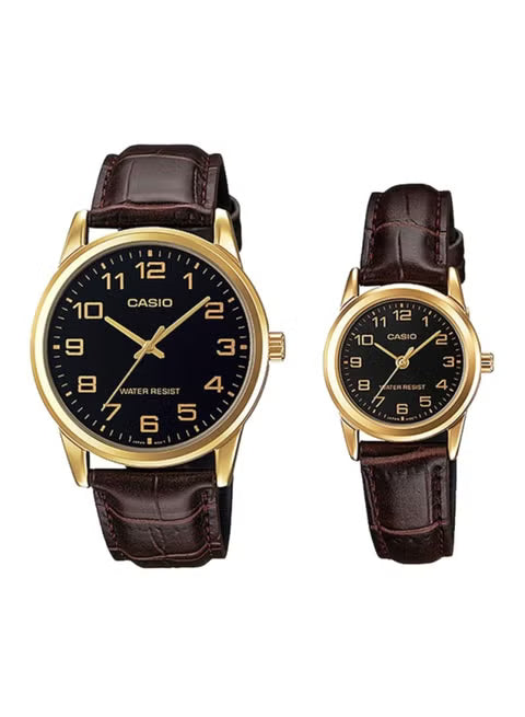 Casio MTP/LTP-V001GL-1BUDF Couple Watches – Black Dial with Gold Tone Case & Leather Strap