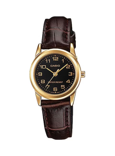 Casio MTP/LTP-V001GL-1BUDF Couple Watches – Black Dial with Gold Tone Case & Leather Strap