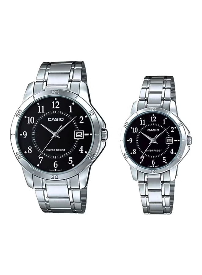 Casio Couple Watch Set MTP/LTP-V004D-1BUDF – Silver Stainless Steel, Black Dial