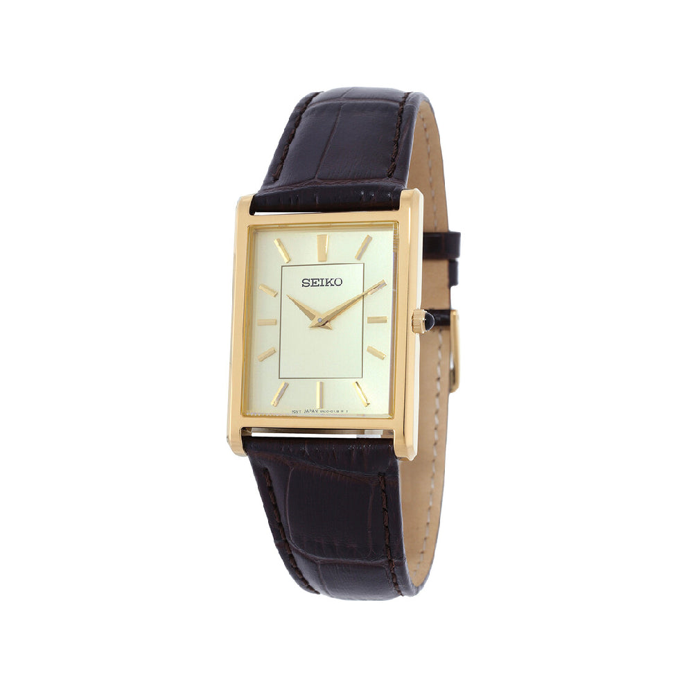 SWR106P1 Classic Gold-Tone Rectangular Watch with Black Leather Strap Men's Watch