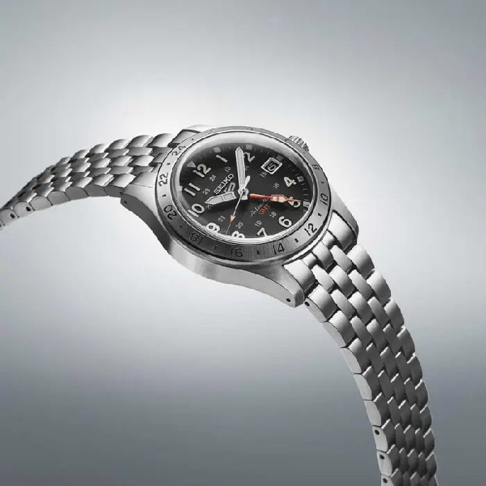 Seiko SSK023K1 GMT Automatic Watch – Black Dial, Stainless Steel, Dual Time, Hardlex Crystal