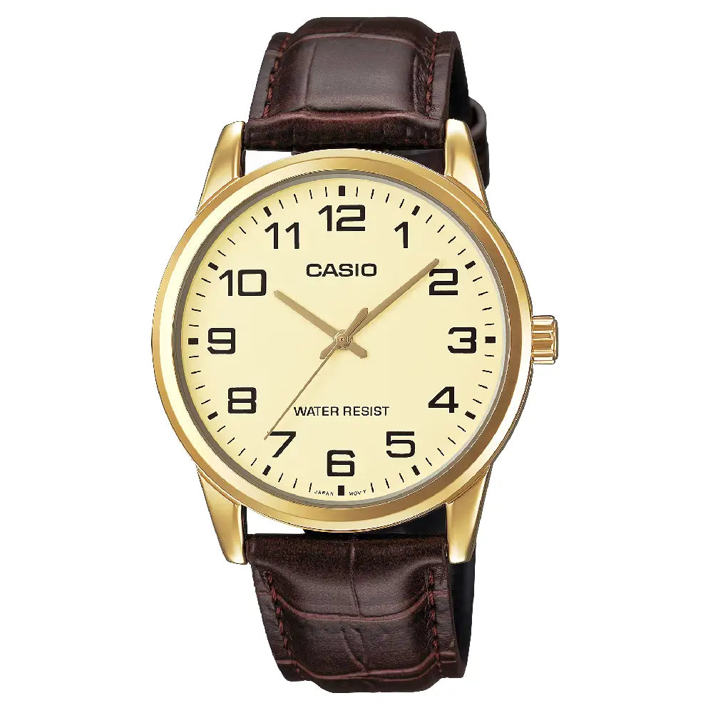 Casio MTP/LTP-V001GL-9BUDF Couple Watches – Gold Dial Leather Strap Matching Set