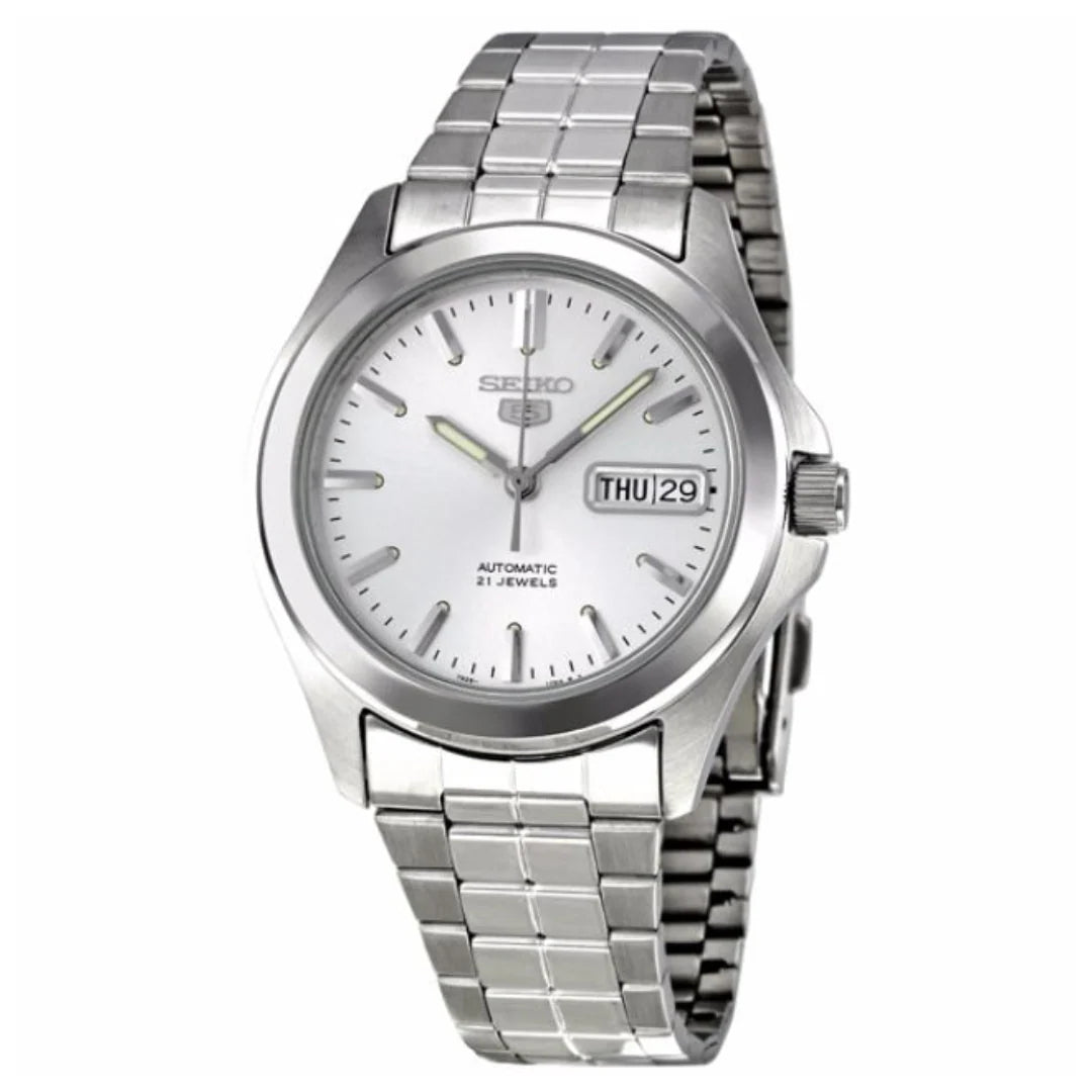 Seiko SNKK87K1 Automatic Men’s Watch – Stainless Steel, White Dial, Day-Date Display