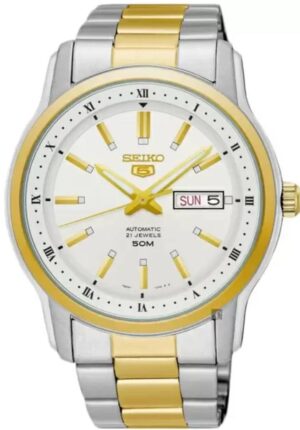 seiko 5 Automatic Men’s Watch SNKM92J1 – White Dial, Stainless Steel Bracelet, Day-Date Display