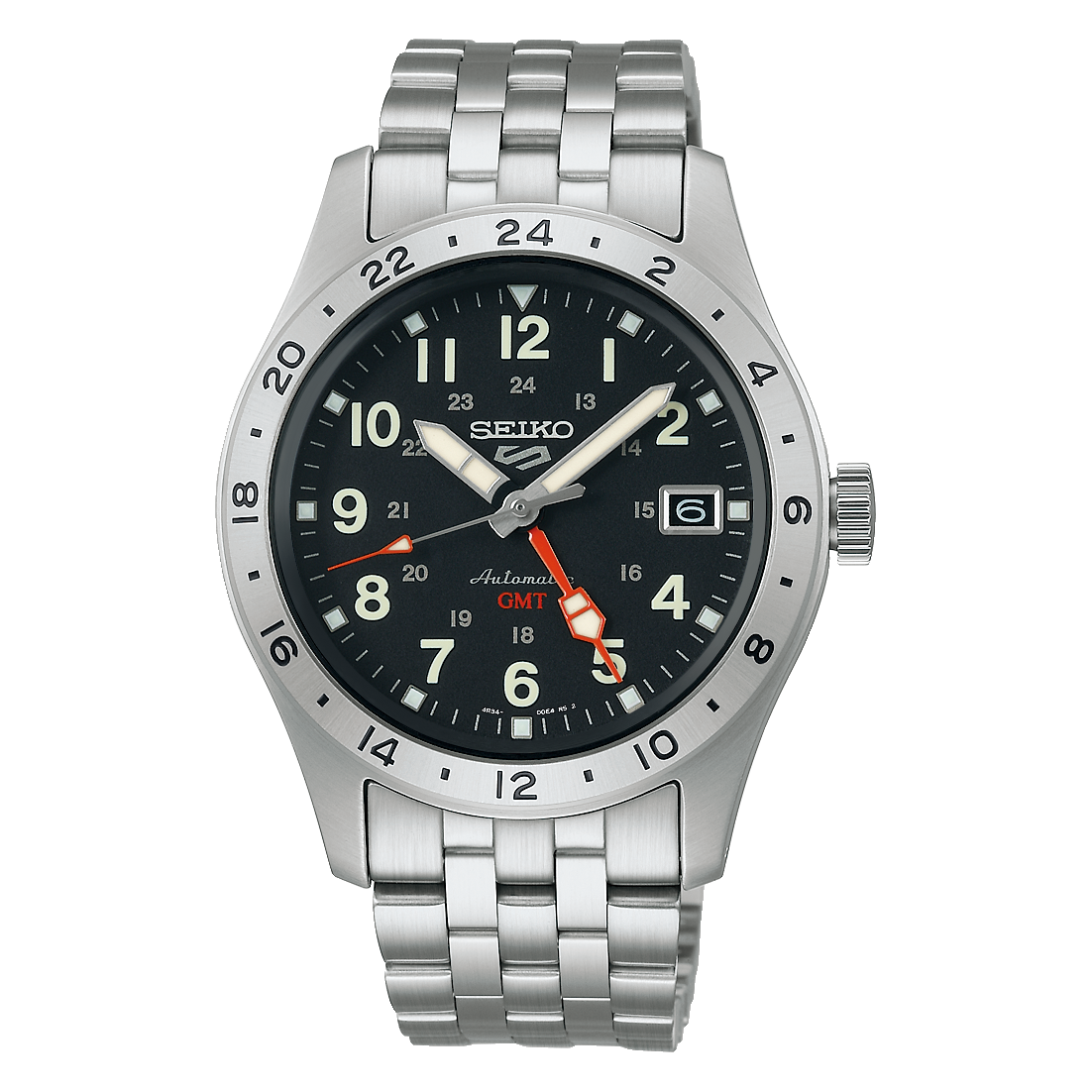 Seiko SSK023K1 GMT Automatic Watch – Black Dial, Stainless Steel, Dual Time, Hardlex Crystal
