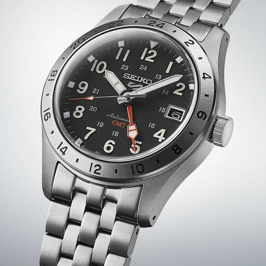 Seiko SSK023K1 GMT Automatic Watch – Black Dial, Stainless Steel, Dual Time, Hardlex Crystal