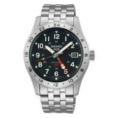 Seiko SSK023K1 GMT Automatic Watch – Black Dial, Stainless Steel, Dual Time, Hardlex Crystal