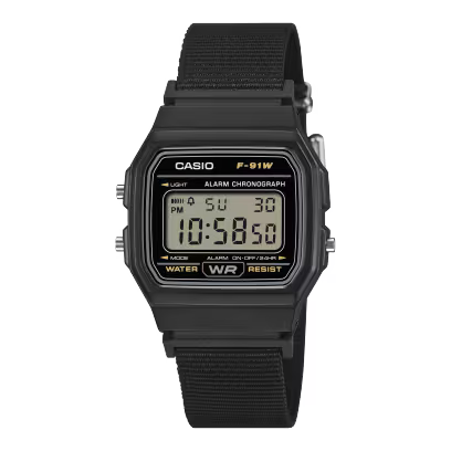 CASIO F-91WF-1A DIGITAL WATCH – BLACK DIAL, RECYCLED FABRIC STRAP