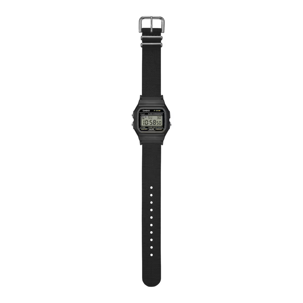 CASIO F-91WF-1A DIGITAL WATCH – BLACK DIAL, RECYCLED FABRIC STRAP