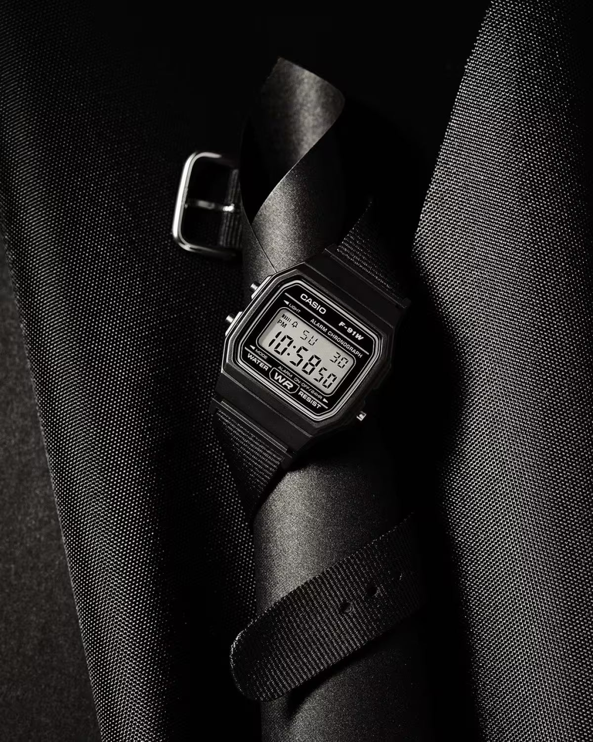 CASIO F-91WF-1A DIGITAL WATCH – BLACK DIAL, RECYCLED FABRIC STRAP