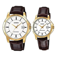 Casio Couple Watch Set MTP/LTP-V004GL-7A – Gold-Tone Case, White Dial, Leather Strap