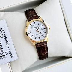 Casio Couple Watch Set MTP/LTP-V004GL-7A – Gold-Tone Case, White Dial, Leather Strap