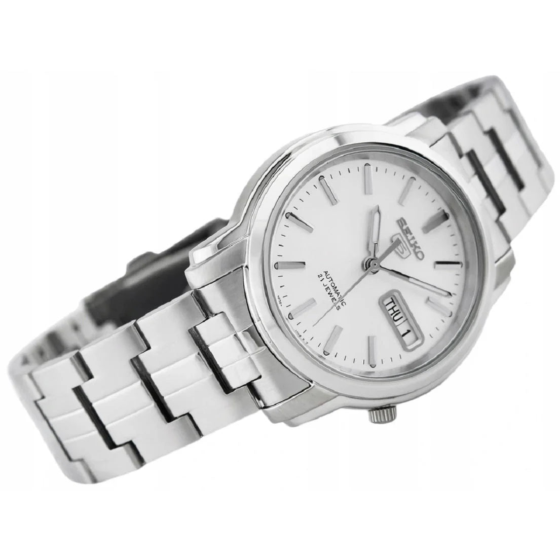 Seiko SNKK65K1 Automatic Men’s Watch – Stainless Steel, White Dial, Day-Date Display