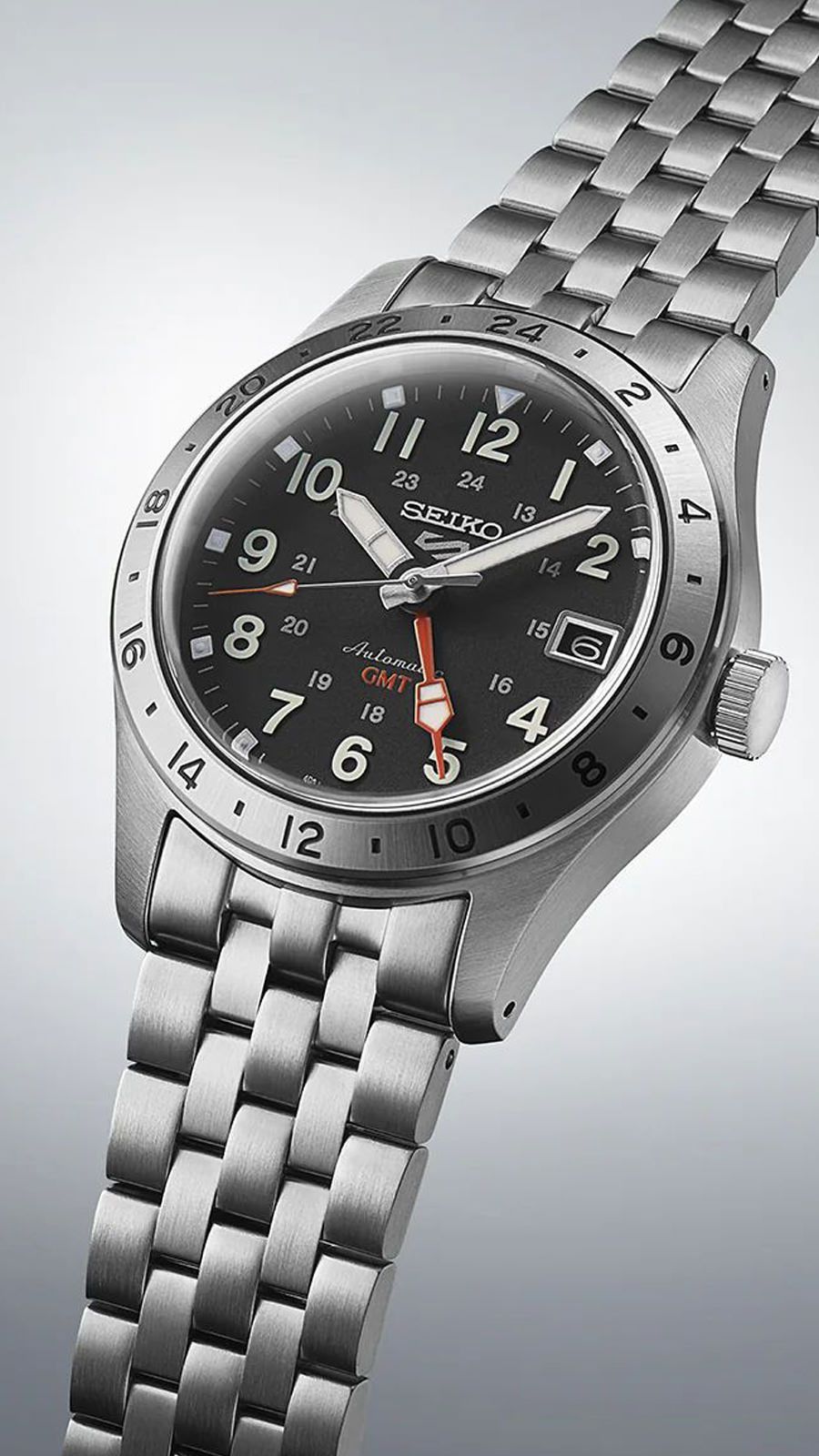 Seiko SSK023K1 GMT Automatic Watch – Black Dial, Stainless Steel, Dual Time, Hardlex Crystal