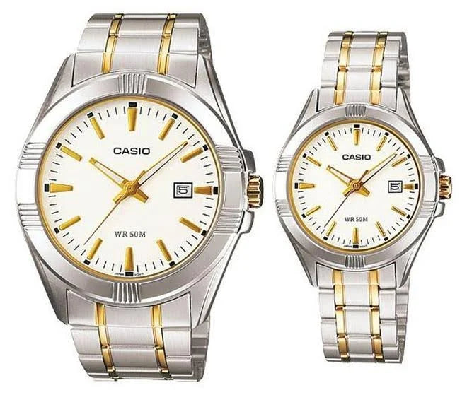 Casio MTP/LTP-1308SG-7AB Couple Watches – White Dial with Gold Stainless Steel Band