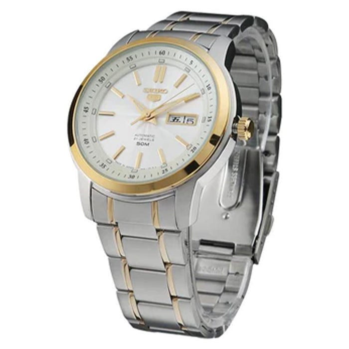 seiko 5 Automatic Men’s Watch SNKM92J1 – White Dial, Stainless Steel Bracelet, Day-Date Display