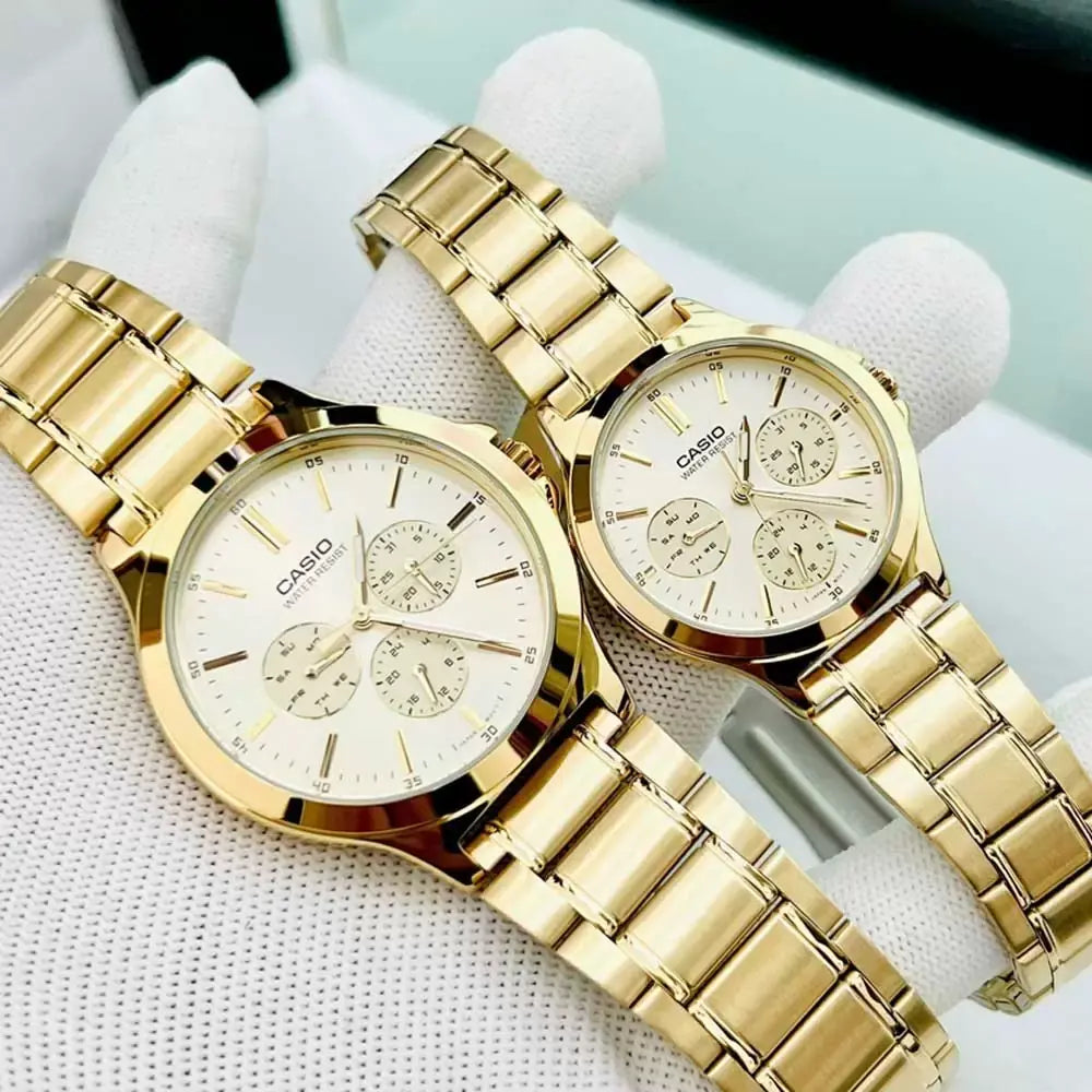 Casio MTP/LTP-V300G-9A Couple Watches – Gold Tone Stainless Steel Classic Set